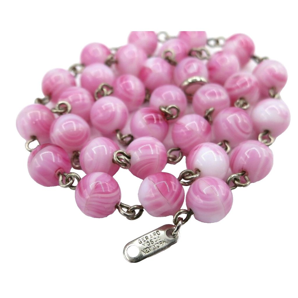 Gerard Yosca Pink White Marbled Glass Bead Necklace Strand 16.5